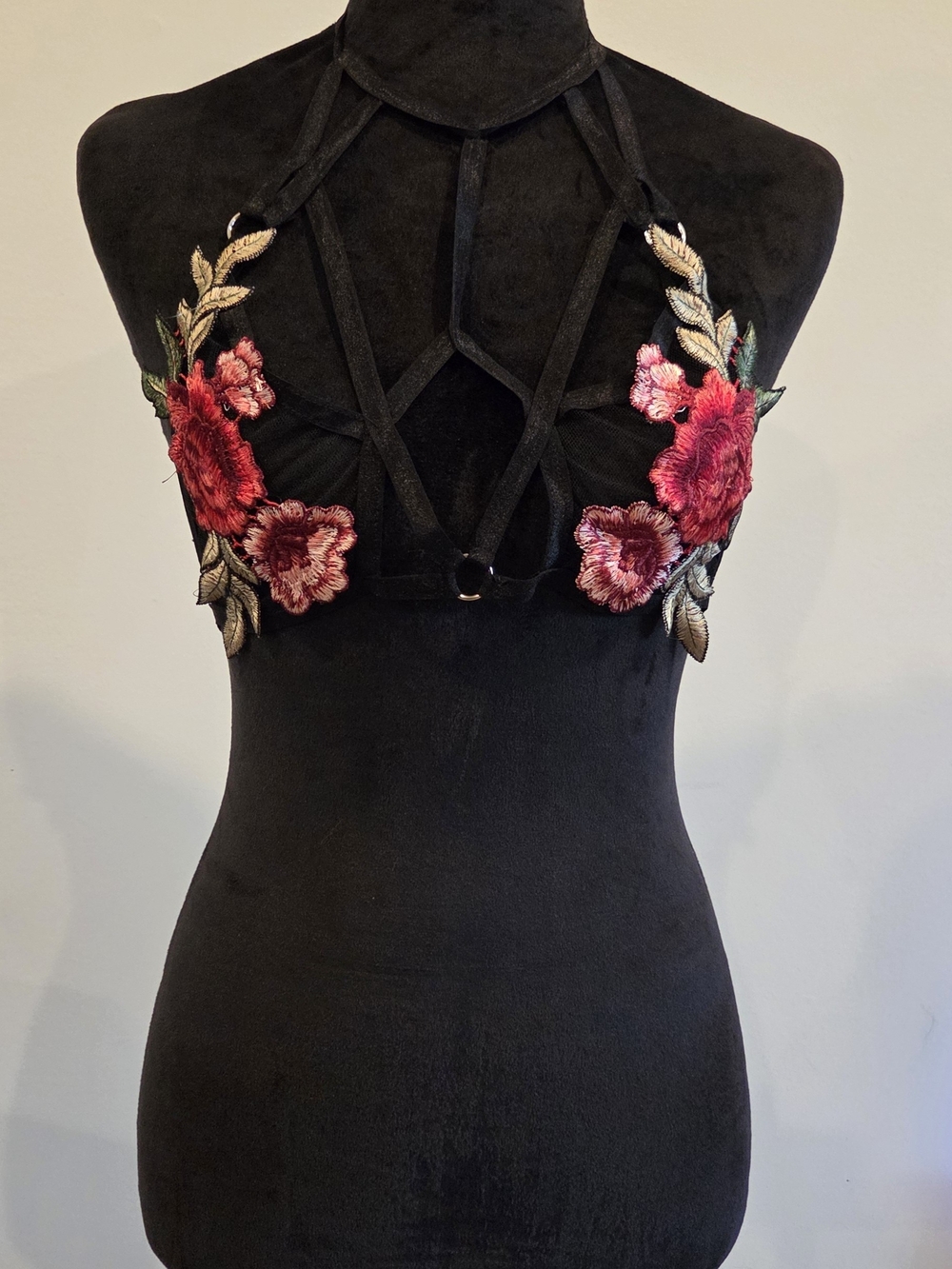 Black Floral Appliqué Halter Dress